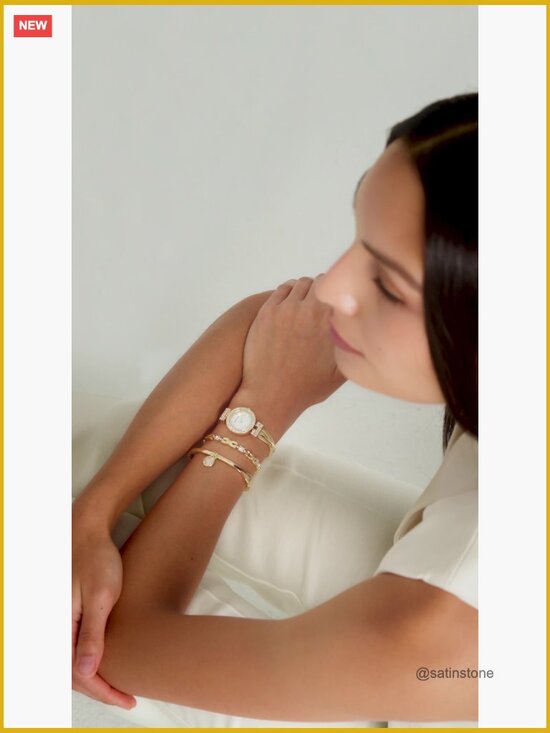 Gold-Tone Bangle Watch Set with Crystal Accents and Mother-of-Pearl Dial